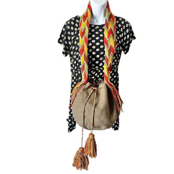 Handwoven Wayuu Mochila Tote Bag With Zigzag Strap & Tassels Colombian Kacki Grn - Picture 2 of 12